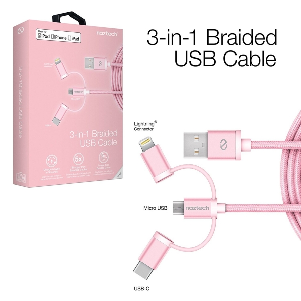 Naztech �rg�l� USB-C/Lightning/Mikro USB Kablo-Rose Gold