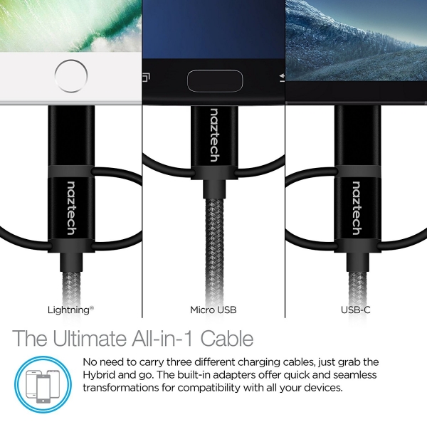 Naztech �rg�l� USB-C/Lightning/Mikro USB Kablo-Black