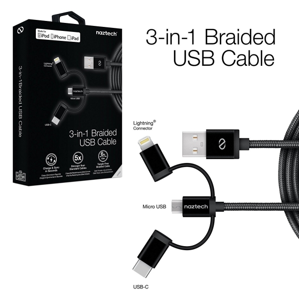 Naztech �rg�l� USB-C/Lightning/Mikro USB Kablo-Black
