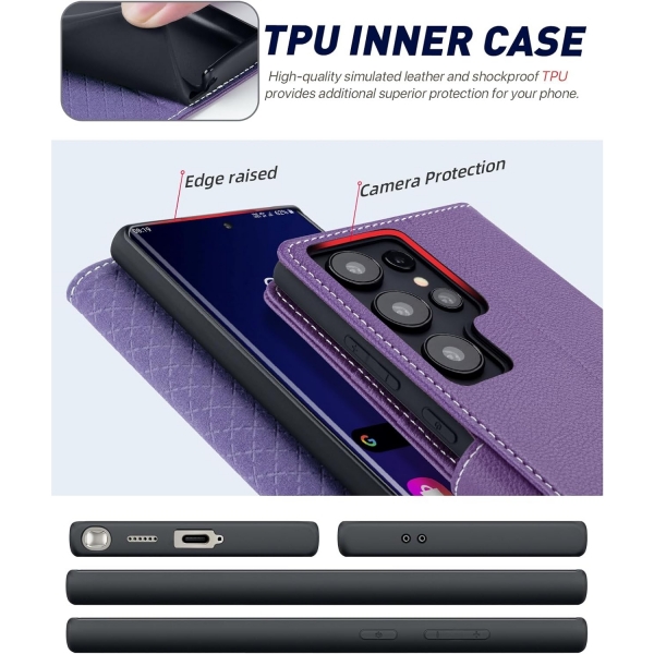 OCASE Galaxy S24 Ultra Deri Czdan Klf-Litchi Purple