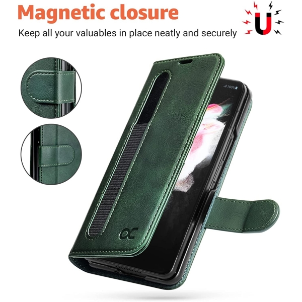 OCASE Galaxy Z Fold 3 Deri Czdan Klf-Blackish Green