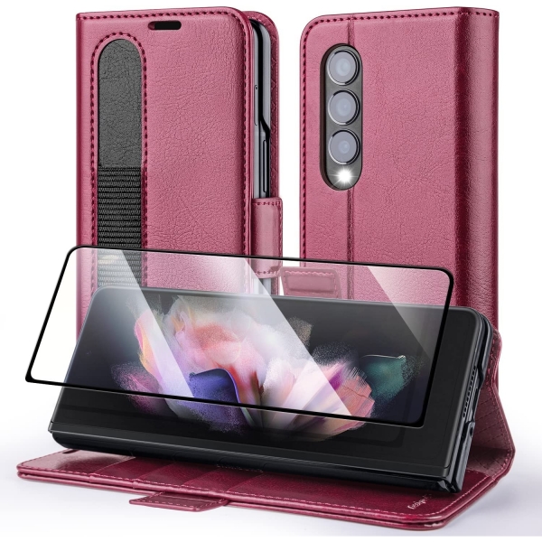 OCASE Galaxy Z Fold 4 5G Deri Czdan Klf-Burgundy