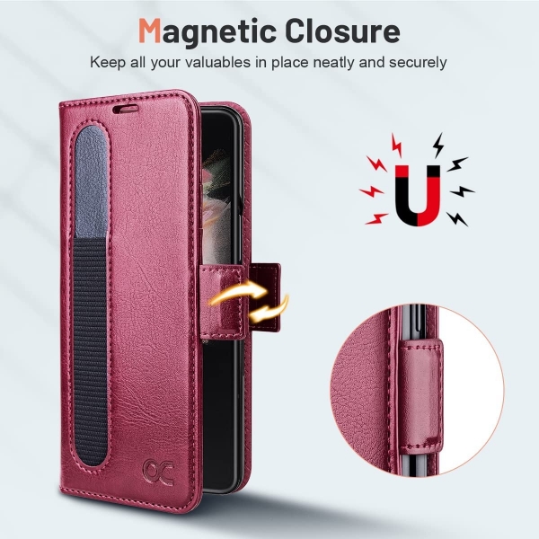 OCASE Galaxy Z Fold 4 5G Deri Czdan Klf-Burgundy