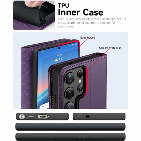 OCASE Samsung Galaxy S25 Ultra Deri Czdan Klf-Dark Purple