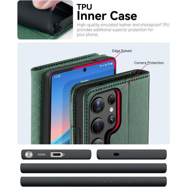 OCASE Samsung Galaxy S25 Ultra Deri Czdan Klf-Blackish Green