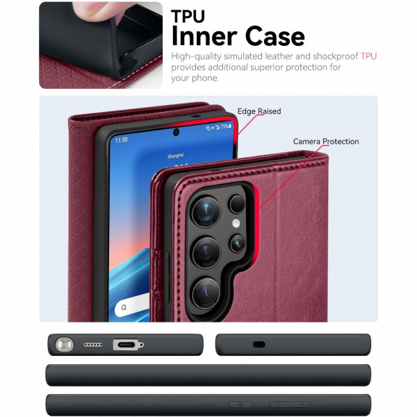 OCASE Samsung Galaxy S25 Ultra Deri Czdan Klf-Burgundy
