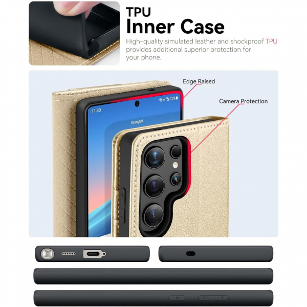 OCASE Samsung Galaxy S25 Ultra Deri Czdan Klf-Gold