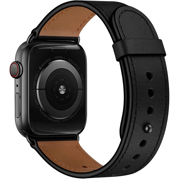 OUHENG Apple Watch 7 Deri Kay (41mm)-Black/Black