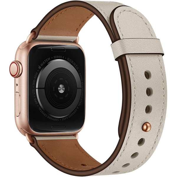 OUHENG Apple Watch 7 Deri Kay (45mm)-Beige/Rose Gold