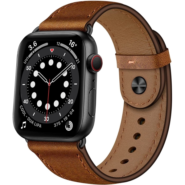 OUHENG Apple Watch 7 Deri Kayış (45mm)-Retro Brown/Black