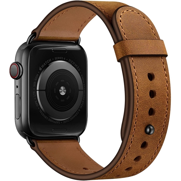 OUHENG Apple Watch 7 Deri Kay (45mm)-Retro Brown/Black