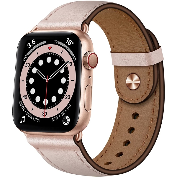 OUHENG Apple Watch 7 Deri Kayış (45mm)-Pink Sand/Rose Gold