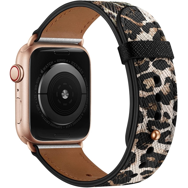 OUHENG Apple Watch 7 Deri Kay (45mm)-Leopard/Rose Gold