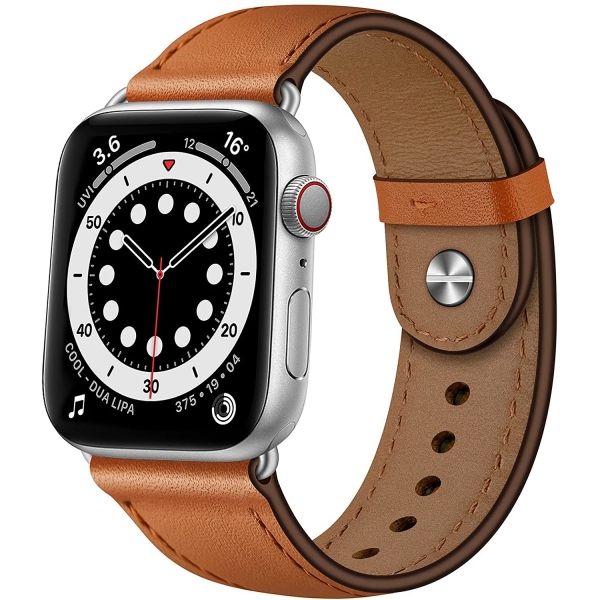 OUHENG Apple Watch 7 Deri Kay (45mm)-Brown/Silver