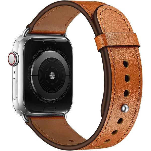 OUHENG Apple Watch 7 Deri Kay (45mm)-Brown/Silver