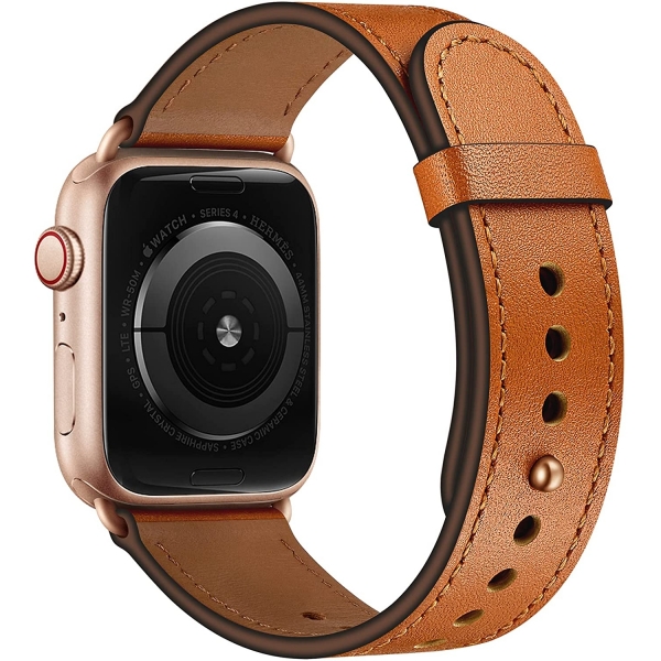 OUHENG Apple Watch 7 Deri Kayış (45mm)-Brown/Rose Gold