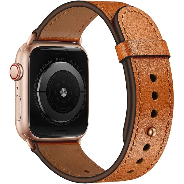 OUHENG Apple Watch 7 Deri Kay (45mm)-Brown/Rose Gold