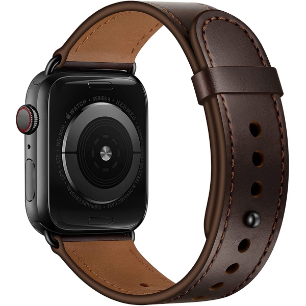 OUHENG Apple Watch 7 Deri Kayış (45mm)-Dark Brown/Black