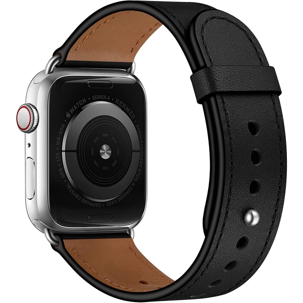 OUHENG Apple Watch 7 Deri Kayış (45mm)-Black/Silver