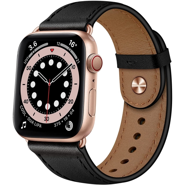 OUHENG Apple Watch 7 Deri Kay (45mm)-Black/Rose Gold