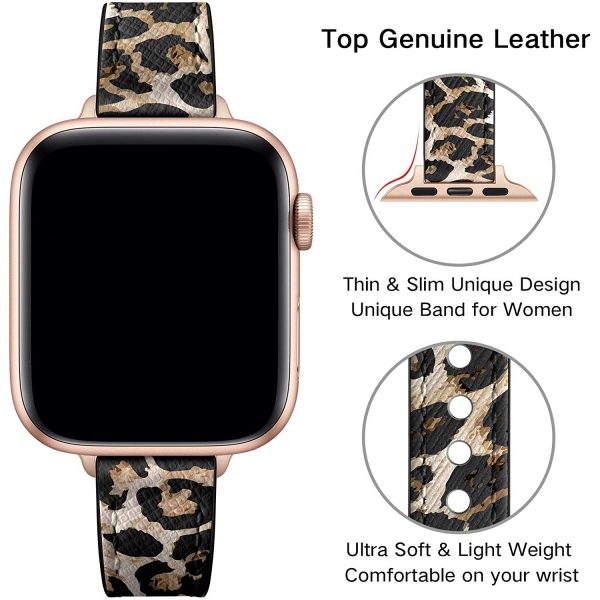 OUHENG Apple Watch 7 Deri nce Kay (41mm)-Leopard/Rose Gold