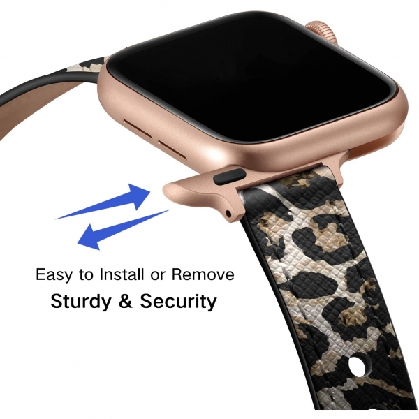 OUHENG Apple Watch 7 Deri nce Kay (41mm)-Leopard/Rose Gold