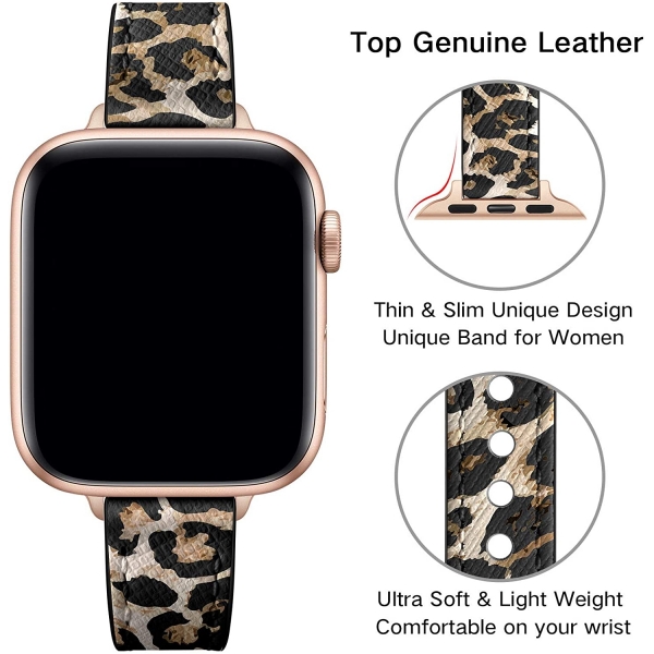 OUHENG Apple Watch 7 Deri nce Kay (45mm)-Leopard/Rose Gold