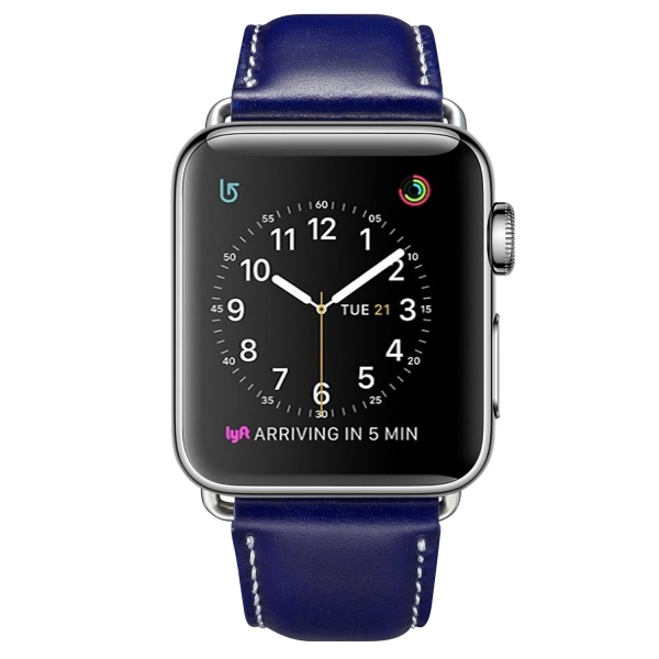 OUHENG Apple Watch Retro Deri Kay (42mm)-Genuine Leather Dark Blue With White Line