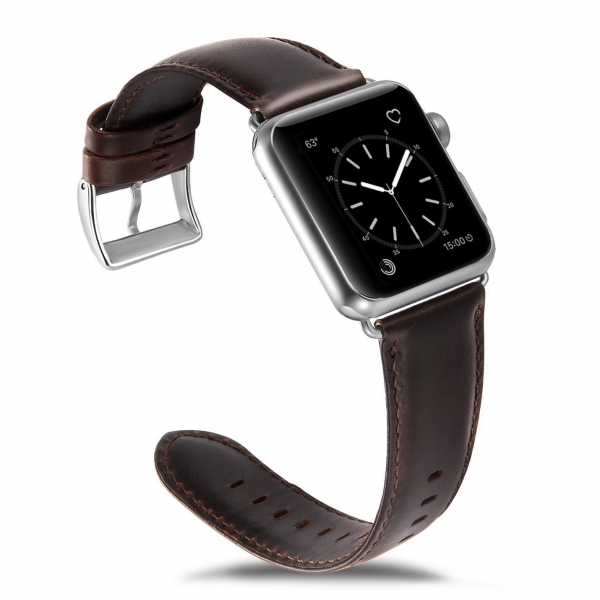 OUHENG Apple Watch Retro Deri Kay (42mm)-Genuine Leather Brownish Black with Silver Adapter