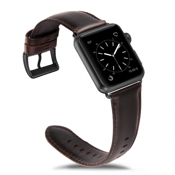 OUHENG Apple Watch Retro Deri Kay (42mm)-Genuine Leather Brownish Black with Black Adapter