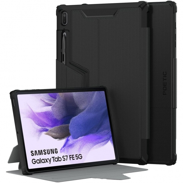 Poetic Explorer Serisi Galaxy Tab S7 FE Kalem Blmeli Klf (12.4 in)-Black