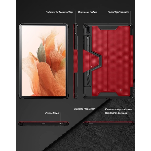 Poetic Explorer Serisi Galaxy Tab S7 FE Kalem Blmeli Klf (12.4 in)-Red