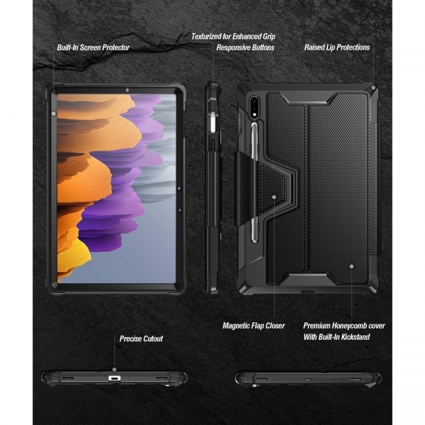 Poetic Explorer Serisi Galaxy Tab S7 Plus Kalem Blmeli Klf (12.4 in)-Black