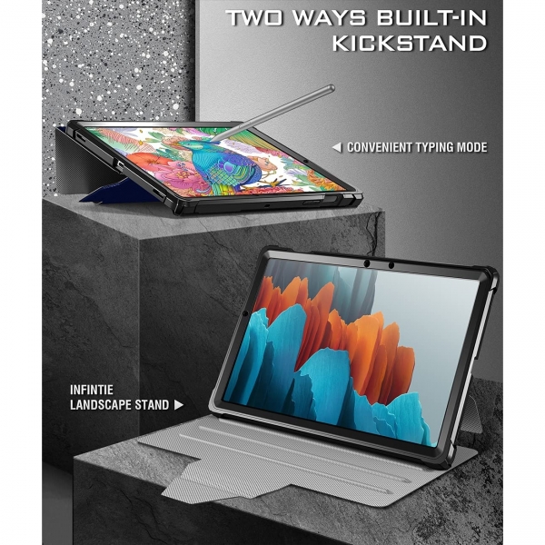 Poetic Explorer Serisi Galaxy Tab S7 Plus Kalem Blmeli Klf (12.4 in)-Navy