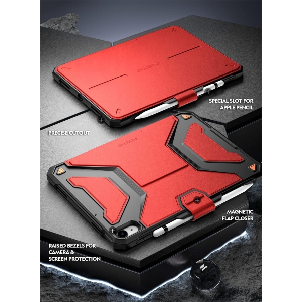 Poetic Explorer Serisi iPad 10.Nesil 360 Derece Standl Klf (10.9 in)-Dark Red