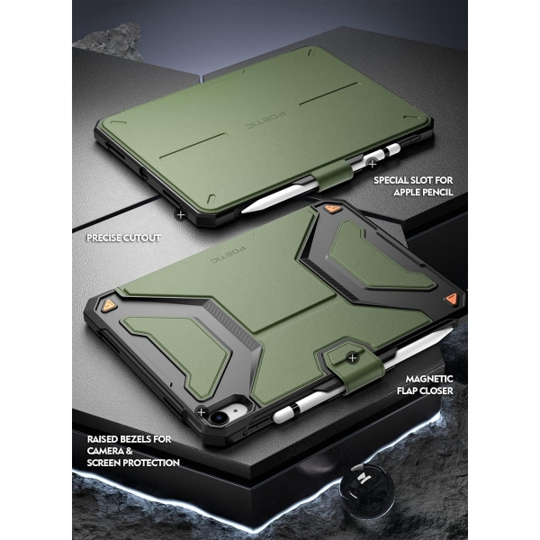 Poetic Explorer Serisi iPad 10.Nesil 360 Derece Standl Klf (10.9 in)-Military Green