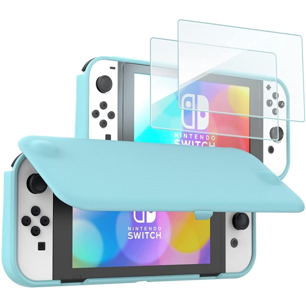 ProCase Nintendo Switch OLED in Klf ve Temperli Cam Ekran Koruyucu-Skyblue