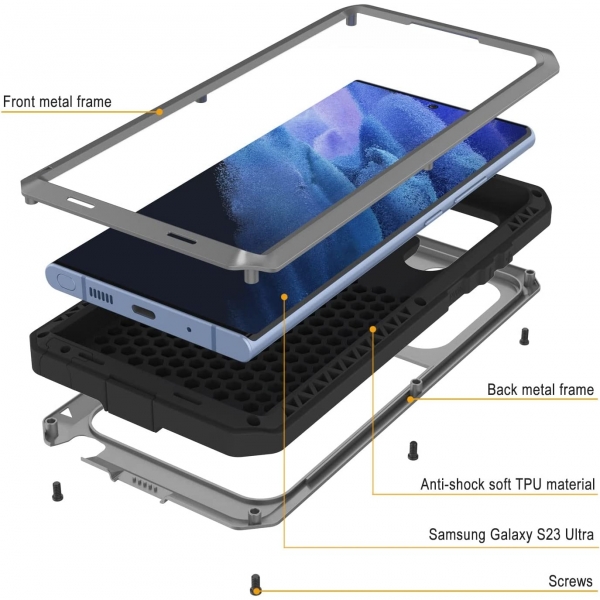 Punkcase Armor Serisi Galaxy S23 Ultra Darbeye Dayankl Klf (MIL-STD-810G)-Silver