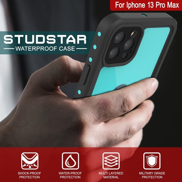 Punkcase StudStar Serisi iPhone 13 Pro Max Su Geirmez Klf-Teal