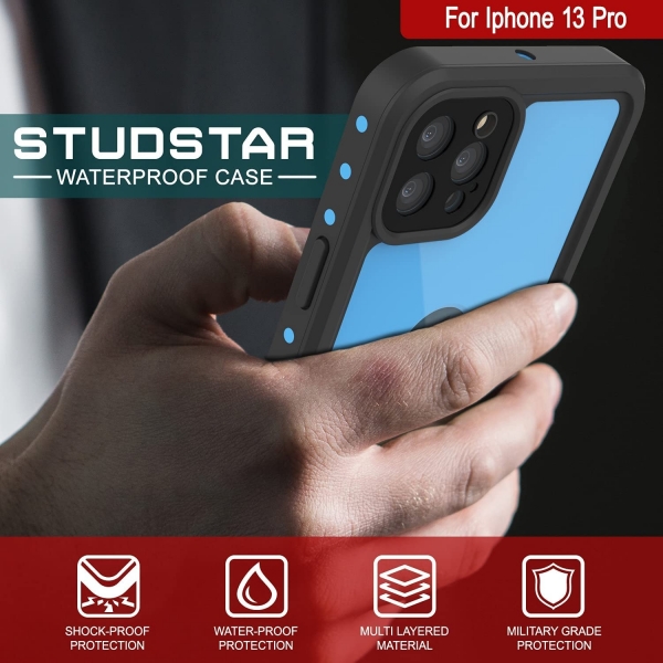 Punkcase StudStar Serisi iPhone 13 Pro Su Geirmez Klf-Light Blue