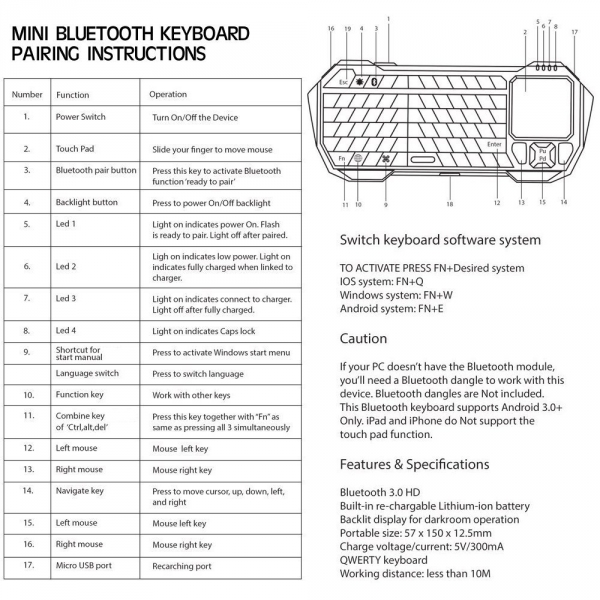 QQ-Tech Mini Bluetooth Touchpad Klavye