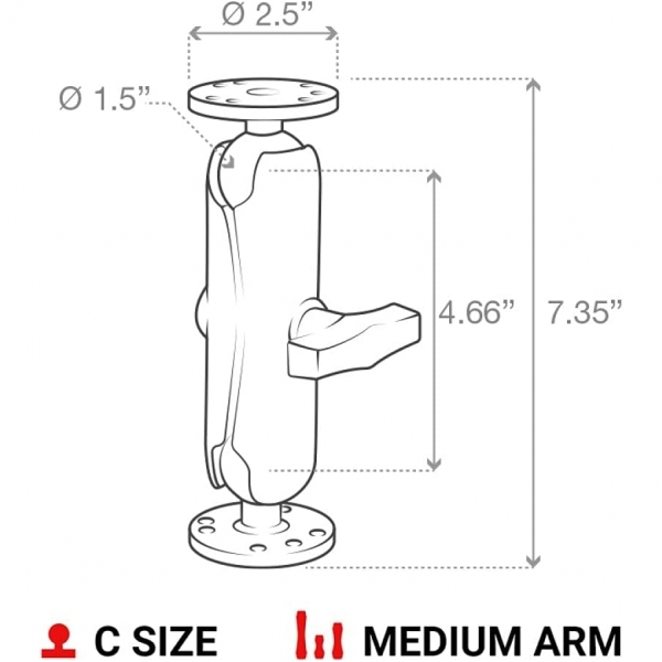 Ram Mounts ki Yuvarlak Plakal ift Bilyal C Size Montaj Seti RAM-101U