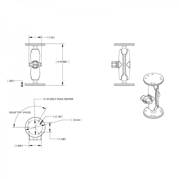 Ram Mounts Garmin GPSMAP Evrensel Donanm le ift Bilyal Montaj Seti RAM-B-101-G1U