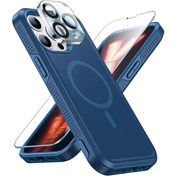 Risubo iPhone 13 Pro Max Manyetik Klf Ve Ekran Koruyucu Set (MIL-STD-810G)-Blue