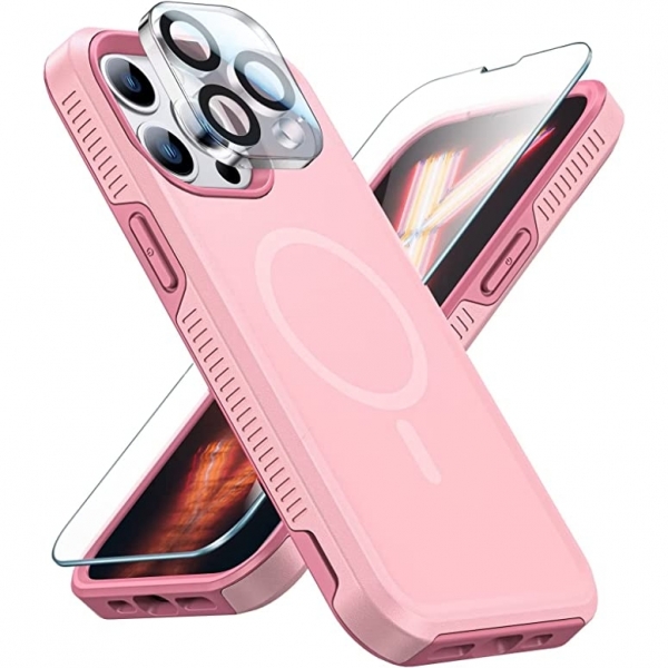 Risubo iPhone 13 Pro Max Manyetik Klf Ve Ekran Koruyucu Set (MIL-STD-810G)-Pink