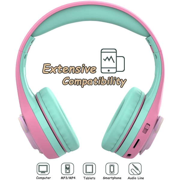 Riwbox CB-7S ocuk in Katlanabilir Kulak st Kulaklk-Pink-Green