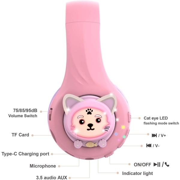 Riwbox CB-7S ocuk in Katlanabilir Kulak st Kulaklk-Purple-Pink