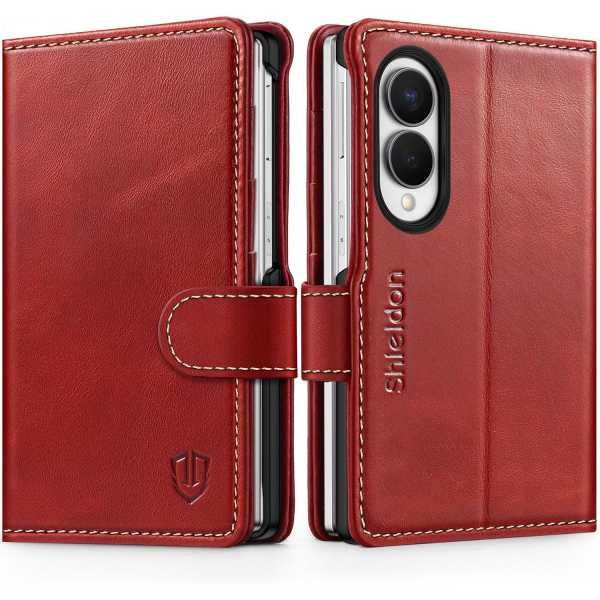 SHIELDON Galaxy Z Fold 8 Deri C�zdanl� K�l�f-Retro Red
