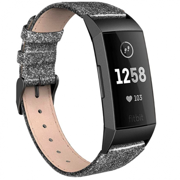 SWEES Fitbit Charge 3 Deri Kay (Small)-Glitter Black