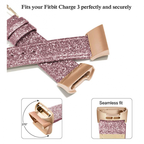 SWEES Fitbit Charge 3 Deri Kay (Small)-Glitter Pink